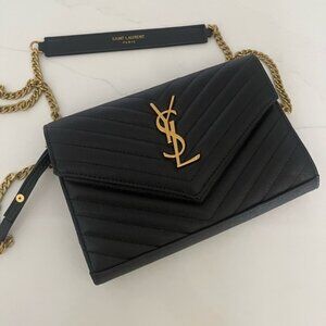 Vintage Saint Laurent Black Quilted Crossbody Bag with Gold Chain